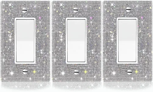 Vista 6 de 2 cubiertas de salida de diamantes de imitación plateados brillantes, placas de pared, cubierta de interruptor de luz, cubierta de salida