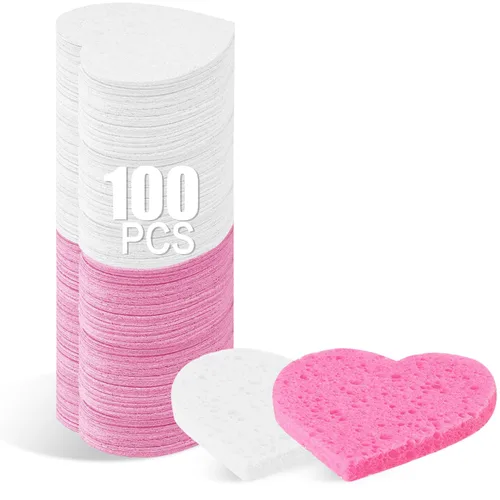Vista 13 de 100 unidades de esponjas faciales comprimidas en forma de corazón de celulosa natural para esteticistas, esponjas profesionales cosméticas de spa