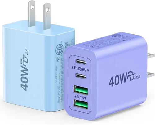 Vista 24 de [Paquete de 2/40W] Bloque de cargador de pared USB C de 4 puertos, cubo de carga rápida de ladrillo de alimentación tipo C Power Delivery, enchufe