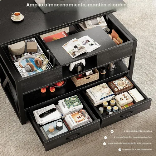 Vista 4 de Memobarco Mesa de Centro con Tapa Elevable de 40", Mesas de Centro Elevables Multifunción 4 en 1 con Cajones de Almacenamiento y Compartimento