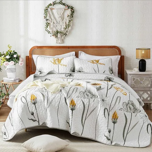 Vista 9 de WONGS BEDDING Juego de edredón floral tamaño King, juego de ropa de cama gris y amarillo con 2 fundas de almohada, juego de ropa de cama floral
