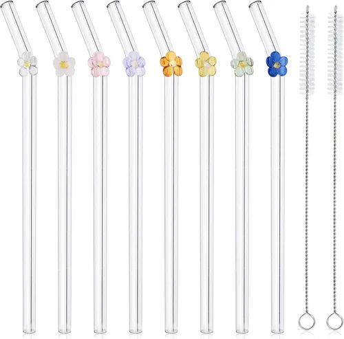 Vista 10 de 6 popotes de vidrio cortos doblados reutilizables con 2 cepillos de limpieza, 0.236 x 0.394 in, lindo popote de vidrio resistente a roturas, apto