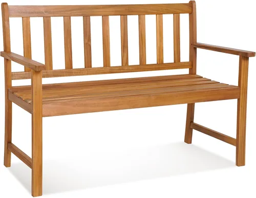 Tangkula Banco de madera de acacia para exteriores, banco de jardín para 2 personas con respaldo y reposabrazos, banco de jardín con asiento de