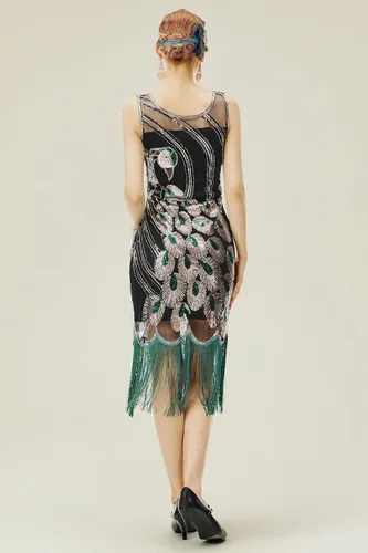 Vista 2 de Vestido de fiesta con flecos, lentejuelas y plumas de pavo real, estilo vintage años 20 de Babeyond