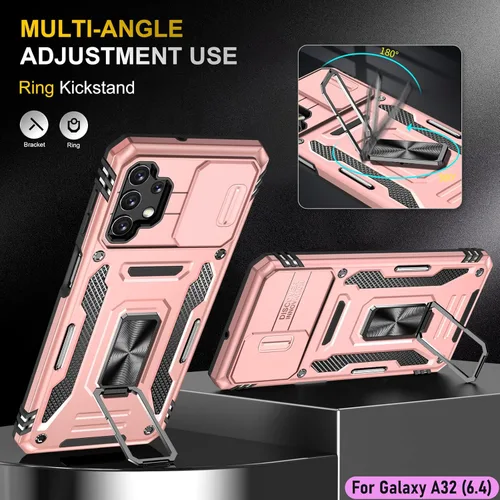 Vista 5 de Funda resistente para Samsung Galaxy A32 (4G), protector híbrido de goma de doble capa de grado militar con protector de cámara deslizante, soporte