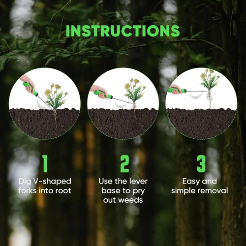 Vista 5 de Grootpow HW1 - Herramienta de desmalezadora manual con mango ergonómico para jardín, herramienta de desbrozadora de diente de león con horquillas