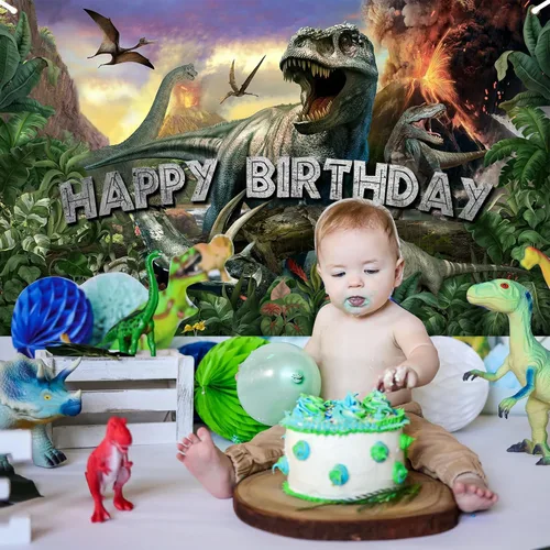 Vista 4 de Avezano Telón de fondo de cumpleaños de dinosaurio jurásico con temática de dinosaurio jurásico, pancarta de feliz cumpleaños, decoraciones