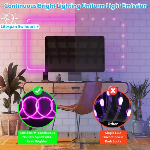 Vista 5 de Cuerda de luz de neón RGB de 32.8 pies con control remoto, tira de luces LED regulables e impermeables para interiores y exteriores, iluminación