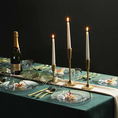 Vista 3 de Juego de vajilla dorada de 125 piezas, 50 platos de plástico transparente con borde dorado, 25 platos de cena, 25 platos de postre, 25 cuchillos, 25