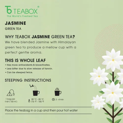 Vista 6 de Teabox Premium Darjeeling Green Tea With Jasmine Flowers 100% Whole Leaf & 0% Bitterness Green Tea From The Himalayas 25 Tea Bags