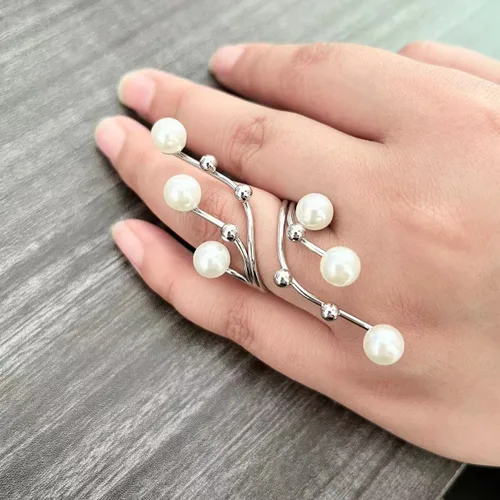 Vista 11 de Handmade Pearl Ring Stacking Pearl Statement Rings Adjustable Open Pearl Full Finger Ring Trendy Personality Pearl Cluster Jewelry for Women (B-gold)