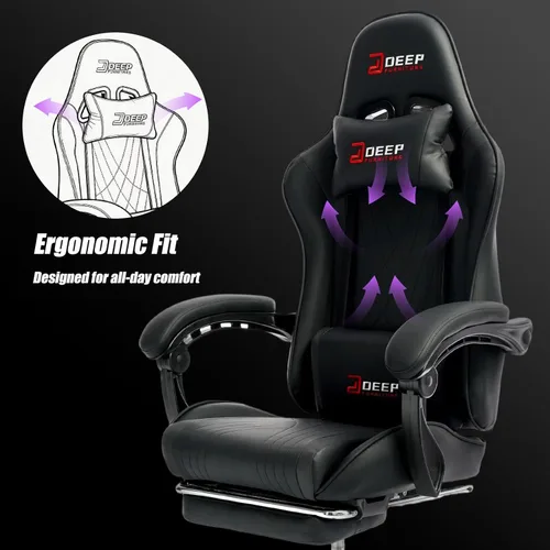 Vista 6 de Silla de juegos con reposapiés, silla ergonómica de juego con soporte lumbar y reposabrazos de acoplamiento, silla reclinable para computadora
