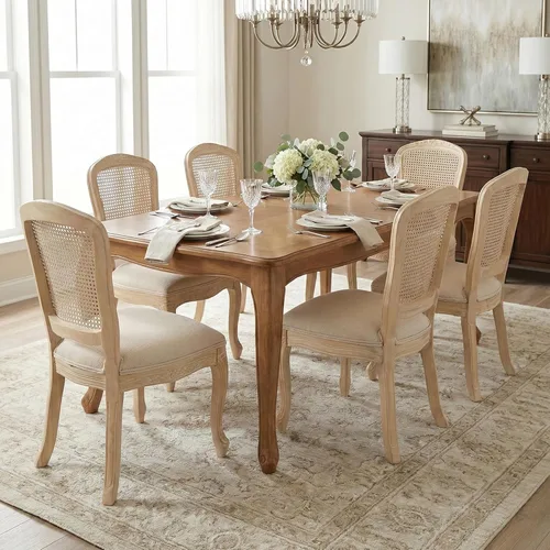 Vista 16 de Juego de 2 sillas de comedor de cuero estilo granja con respaldo redondo de ratán para comedor, sala de estar, restaurante, cocina, color marrón