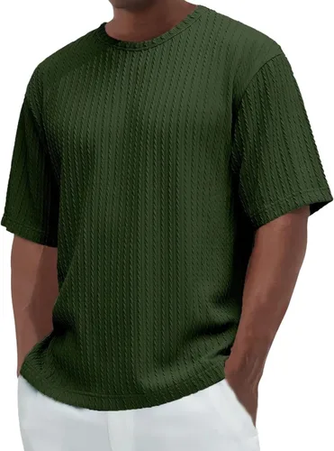 Vista 16 de Camiseta de algodón pesado para hombre, cuello redondo, manga corta, elegante, de punto acanalado, grande y alta, holgada