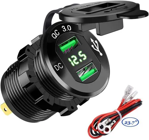Vista 9 de Cargador de coche USB dual 3.0 de carga rápida de 12 V/24 V 36 W QC3.0 Cargador rápido USB dual toma de corriente de aluminio con voltímetro LED Azul