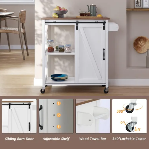 Vista 4 de Carrito de isla de cocina con ruedas con puerta corrediza de granero para espacios pequeños, isla de cocina rodante con almacenamiento, encimera