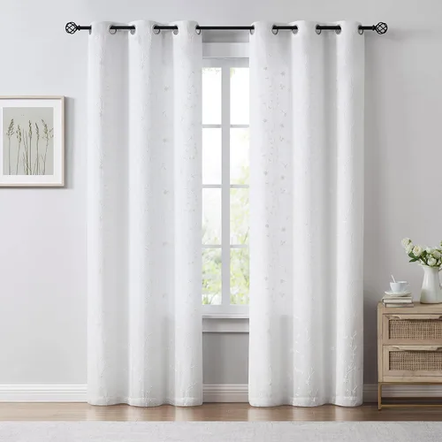 Vista 55 de Bujasso - Cortinas de hojas transparentes de 63 pulgadas, bordadas con flores, estilo granja, cortinas con filtro de luz para ventana, patrón Dorado