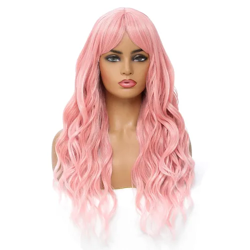 Vista 11 de SWACC Peluca larga y rizada ondulada con flequillo peluca de pelo sintético para mujeres con gorra de peluca (negro)