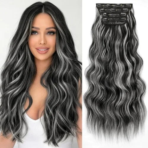 Vista 77 de KooKaStyle Extensiones de cabello sintético con pinzas, largo, ondulado, grueso, balayage, marrón chocolate a rubio caramelo, fibra 10H26