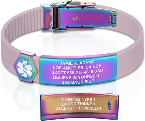 Vista 147 de Divoti Pulsera de identificación de alerta médica grabada personalizada, grabado láser de doble cara (hasta 9 líneas), pulsera de silicona ajustable
