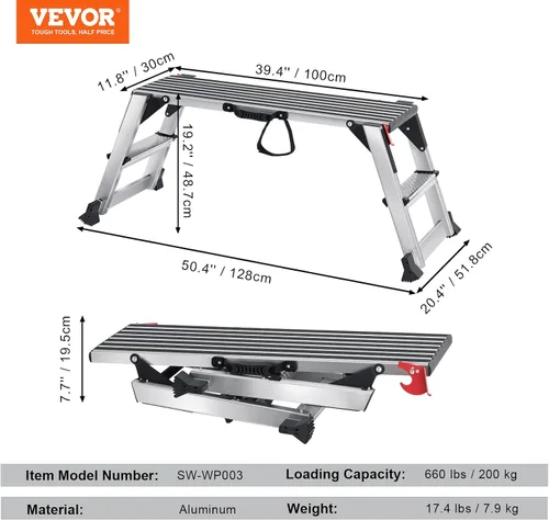 Vista 7 de VEVOR Plataforma de trabajo plegable, escalera de aluminio de 40 x 12 x 20 pulgadas, capacidad de carga de 660 libras, banco de trabajo resistente