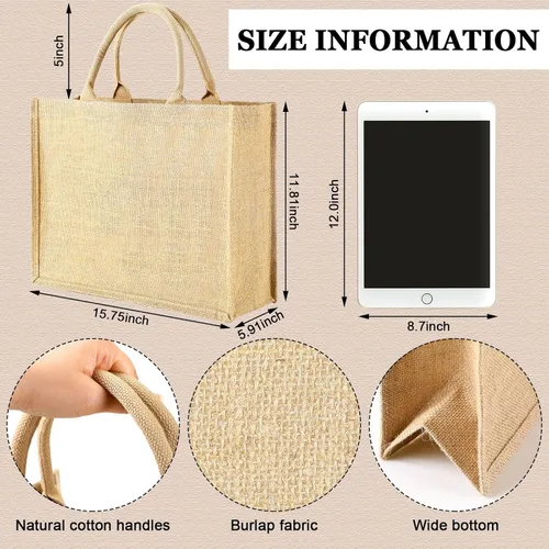 Vista 5 de Shappy Burlap Tote Bags with Handles, Jute Grocery Bags with Laminated Interior for Wedding, 15.8 x 11.8 x 5.9