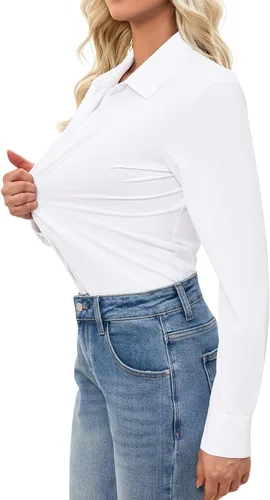 Vista 2 de Camisas con botones para mujer, ajustadas, de manga larga, elásticas, de vestir, camisa de trabajo, sin arrugas, blusa de oficina
