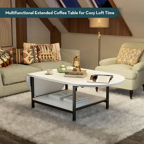 Vista 6 de SAYGOER Mesa de centro moderna blanca extendida con almacenamiento para sala de estar, mesa central única de 2 niveles con dos paneles plegables