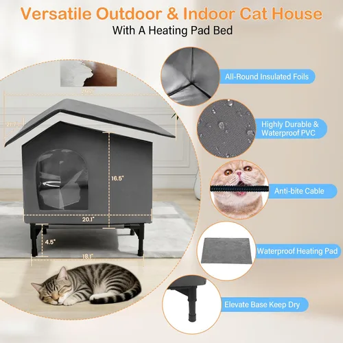 Vista 4 de Casa para gatos climatizada resistente a la intemperie, casa para gatos al aire libre con cama térmica, casa aislada para gatos elevados, refugio