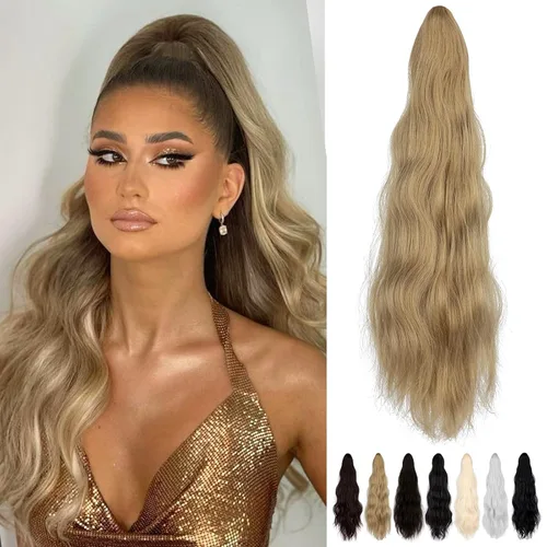 Vista 15 de Extensión de cola de caballo de 18 pulgadas, extensiones de cola de caballo sintéticas de aspecto natural, extensiones de cabello para mujer, rubio