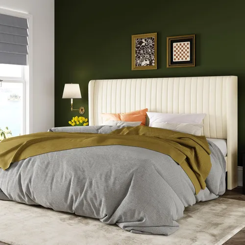 Vista 19 de Allewie Marco de cama de tamaño matrimonial/plataforma tapizada de terciopelo, cabecero con alas capitoné de canal vertical/listones de madera Verde