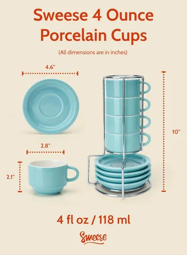 Vista 2 de Sweese - Juego de 4 tazas de espresso apilables de porcelana de 4 onzas con platillos y soporte de metal, color turquesa