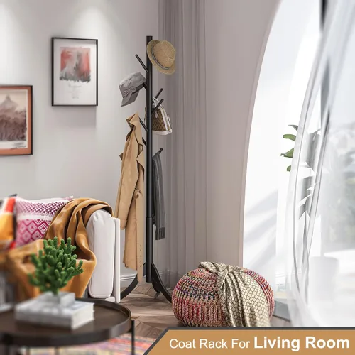 Vista 4 de Perchero Independiente, Soportes de Abrigo para Entrada, Perchero de Bambú con 8 Ganchos para Chaqueta, Bolso, Portabufanda, Soporte para Paraguas