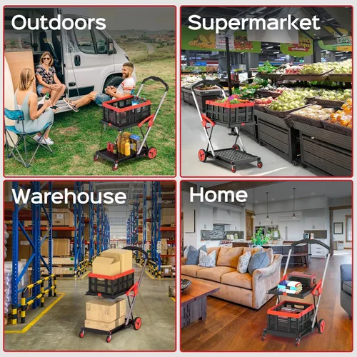 Vista 3 de Carrito de compras plegable con ruedas, capacidad de 200 libras, carrito de comestibles con ruedas con caja de almacenamiento, carro de mano con Rojo