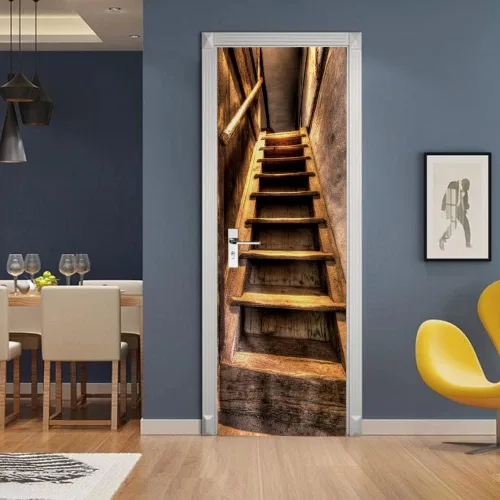 Vista 140 de 3D Pegatina de pared adhesiva para puerta - Poster de película de escaleras antiguas Premium PVC impermeable para pared de dormitorio y sala