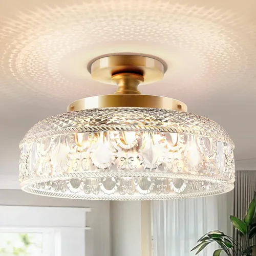 Lamomo Lámpara de techo semiempotrada, lámpara de techo dorada grande de 11 pulgadas, accesorio de lámpara de techo de 3 luces de globo de vidrio