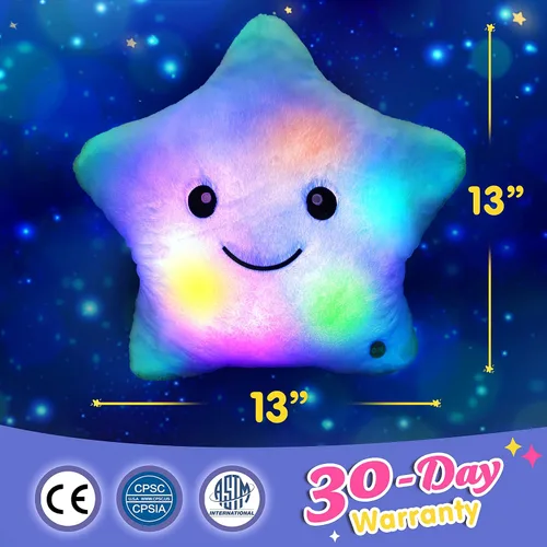 Vista 4 de WEWILL Almohada de felpa suave con estrella brillante LED de 9'' de la marca Wewill, almohada de peluche con luz estelar iluminada con luces Azul