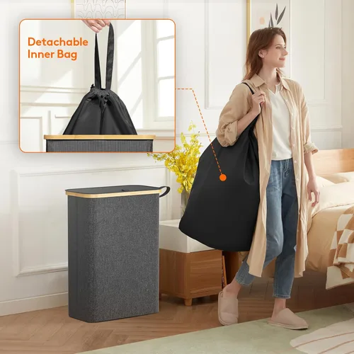 Vista 4 de Lifewit Cesta de lavandería delgada de 50 litros con tapa, cesta estrecha para la ropa sucia con bolsa extraíble y asas de bambú, canasta plegable
