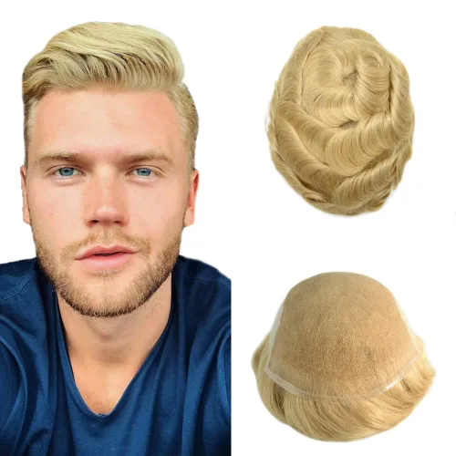 Vista 30 de Tupé de encaje suizo para hombre, pieza de cabello humano europeo, nudos blanqueados, línea capilar natural, encaje frontal, sistema de reemplazo