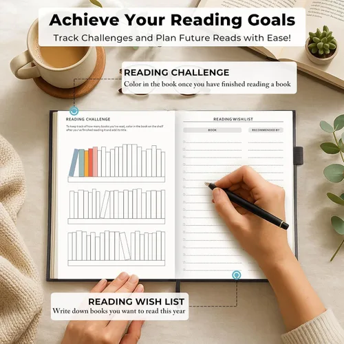 Vista 4 de JXSELECT Diario de Lectura Elegante - Registro de 60 Reseñas de Libros con Portaplumas y Bolsillo Trasero - Rastrea tu Progreso de Lectura - Regalo