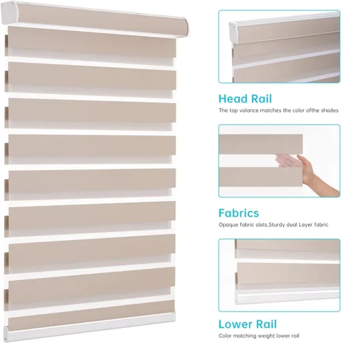 Vista 4 de Persianas de cebra personalizadas sin cordones para ventanas, oscurecimiento (85%) persianas enrollables de cebra de doble capa, persianas