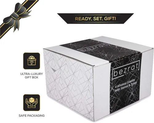 Vista 5 de Bezrat Juego de vasos de whisky a la antigua, + 8 piedras de whisky y accesorios en bandeja de madera, 4 vasos de bourbon escocés, rocas