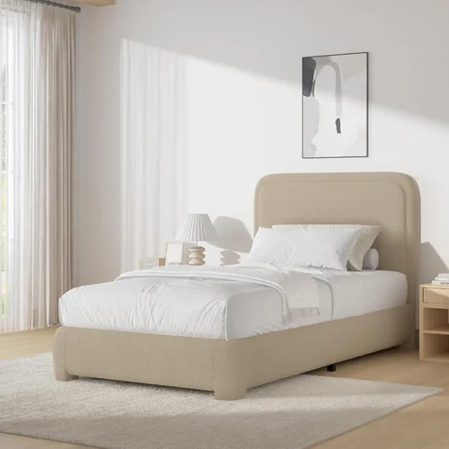 BarnFurin Base de cama individual con cabecero, cama de plataforma tapizada Cloud Boucle, esquinas redondeadas suaves, no necesita somier, Beige