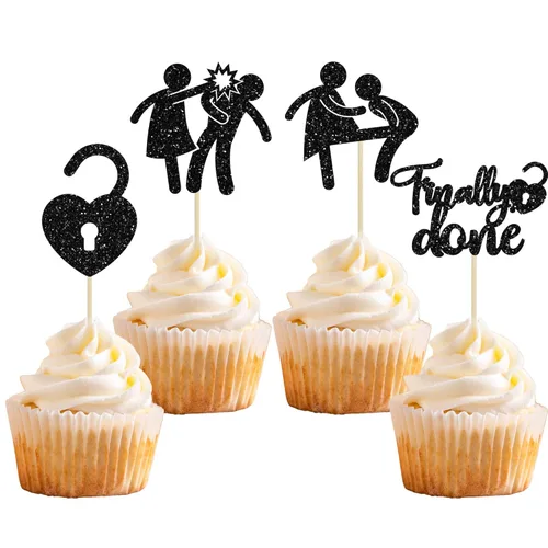 Gyufise Paquete de 24 adornos negros con purpurina para cupcakes Boy Bye Finally Done para cupcakes, decoraciones para divorcio, ruptura, fiesta,