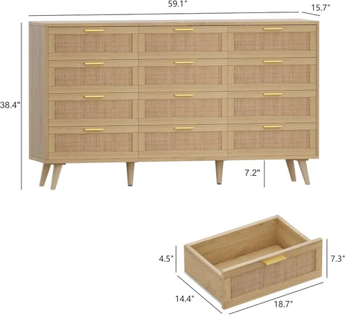 Vista 56 de Rovaurx Cómoda doble de 6 cajones para dormitorio, cómoda de ratán, cómoda de madera moderna con asas doradas, mesa auxiliar para armario, sala