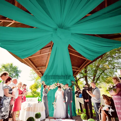 Vista 3 de FOTSHARER Cortinas de techo verde azulado para arco de boda, tela de gasa, 2 paneles de 5 x 20 pies, cortina de techo transparente de gasa verde
