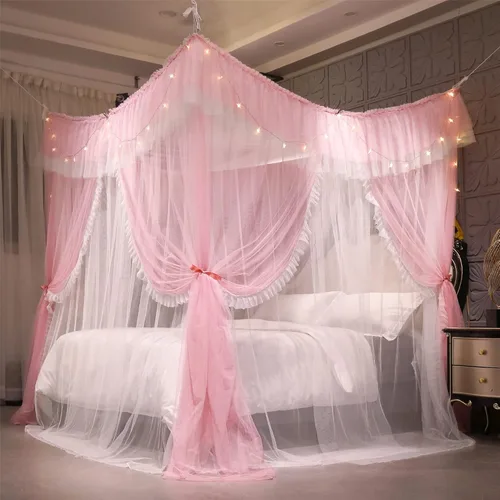 Vista 5 de VETHIN Cortina de cama de 4 esquinas con volantes estilo princesa - Doble capa de cortina con diseño acogedor y red para mosquitos para dormitorio