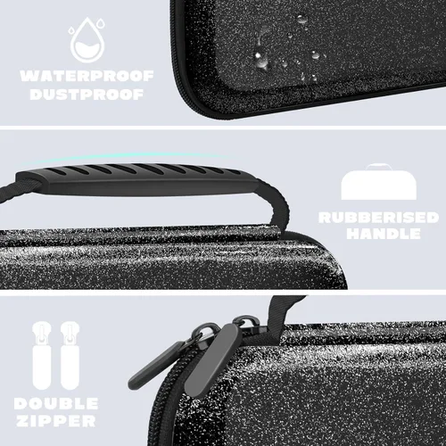 Vista 4 de Funda de transporte con purpurina compatible con Nintendo Switch OLED y consola Switch, funda protectora de viaje dura negra para consola Nintendo