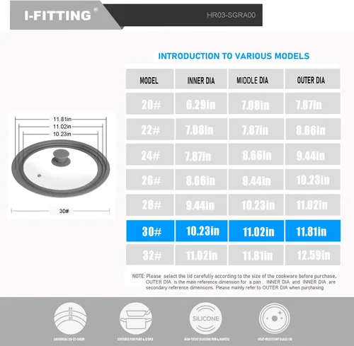 Vista 6 de Tapa universal para ollas, sartenes y sartenes, tecnología HR Huare vidrio templado con borde de silicona resistente al calor, apto