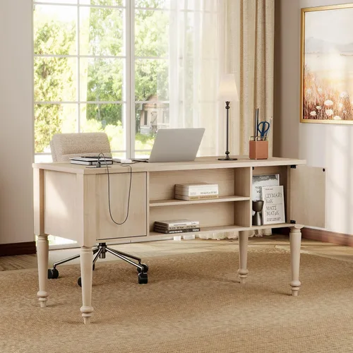 Vista 4 de WAMPAT Escritorio ejecutivo de madera con 5 cajones y estación de carga, beige, 56 pulgadas